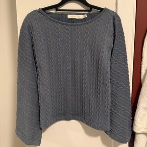 Bishop + Young Heritage Cable Knit Sweater in a dusty blue